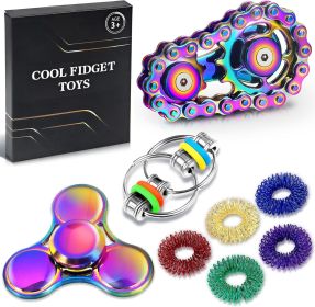 8Pcs Fidget Toys Adults Fidgets Spinner Autism Sensory Pack Spiky Sensory Rings for Anxiety Metal Bike Chain Roller Cool Gadgets for Teen Boys ADHD Si