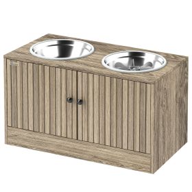 Elevated Dog Bowls with Storage Cabinet, 2 Stainless Steel Bowls, Slow Feeder, Dog Feeding Station for Large Dogs, Brown Wood Grain