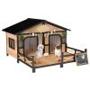 59"x64"x39" Wood Dog House Outdoor Cabin-Style Elevated Pet Shelter with Porch Deck, Beige